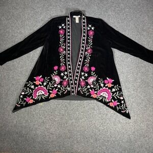 Sharon Young Womens Black Velvet Embroidered Floral Star Jacket Cardigan M